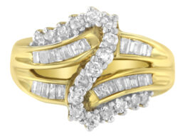 10K Yellow Gold Round and Baguette Cut Diamond Bypass Ring (1 Cttw, J-K Color, I2-I3 Clarity) - Size 7