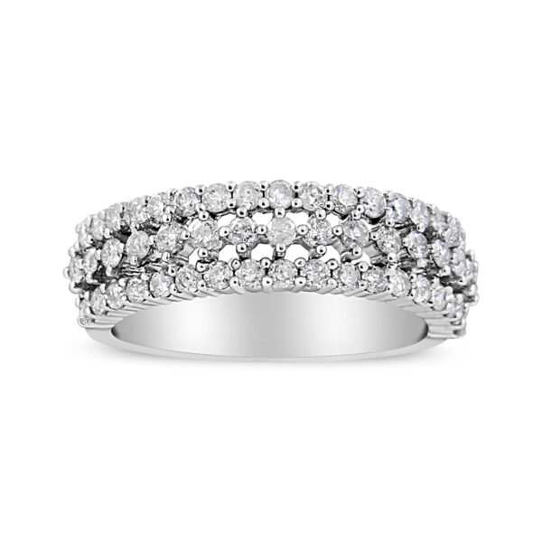 14K White Gold 1.0 Cttw Prong Set Round Diamond Split Shank Three Row Band Ring (H-I Color, I2-I3 Clarity) - Size 6.75