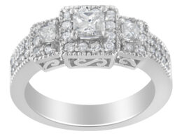 14K White Gold Round and Princess-Cut Diamond Three Stone Ring (1 Cttw, H-I Color, I1-I2 Clarity) - Size 7