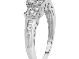 10K White Gold 1/2 Cttw Brilliant & Baguette Cut Diamond 3 Stone Design with 3 Square Clusters Engagement Ring (H-I Color, SI2-I1 Clarity) - Size 6-3/4