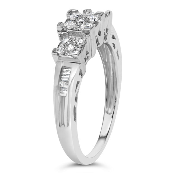 10K White Gold 1/2 Cttw Brilliant & Baguette Cut Diamond 3 Stone Design with 3 Square Clusters Engagement Ring (H-I Color, SI2-I1 Clarity) - Size 7