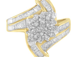 10K Yellow Gold Round and Baguette-Cut Diamond Bypass Cluster Ring (1.0 Cttw, I-J Color, I1-I2 Clarity) - Size 7