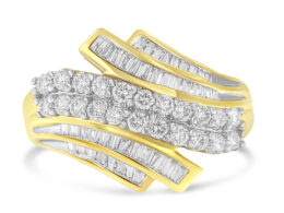10K Yellow Gold 1.0 Cttw Round & Baguette Cut Diamond 64 Stone Bypass Style Channel Set Modern Statement Ring (H-I Color, SI1-SI2 Clarity) - Size 6