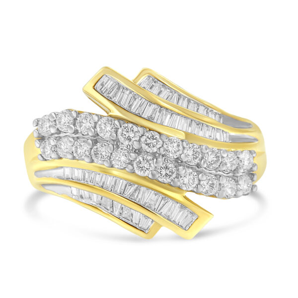 10K Yellow Gold 1.0 Cttw Round & Baguette Cut Diamond 64 Stone Bypass Style Channel Set Modern Statement Ring (H-I Color, SI1-SI2 Clarity) - Size 7-1/4