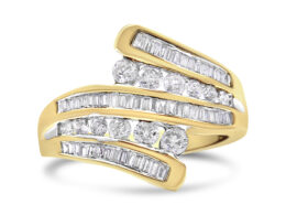 10K Yellow Gold 1 Cttw Round and Baguette-Cut Diamond Multi Row Bypass Ring Band (H-I Color, I1-I2 Clarity) - Ring Size 7