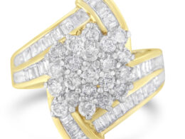 10K Yellow Gold Round and Baguette Diamond Crossover Cluster Ring (3 Cttw, I-J Color, I1-I2 Clarity) - Size 6