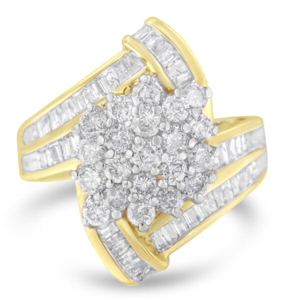 10K Yellow Gold Round and Baguette Diamond Crossover Cluster Ring (3 Cttw, I-J Color, I1-I2 Clarity) - Size 6-1/2