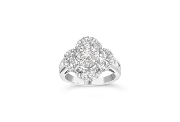 14K White Gold 1.0 Cttw Round & Baguette Cut Diamond Floral Cluster Quatrefoil Channel Set Band Cocktail Statement Ring (H-I Color, SI2-I1 Clarity) - Size 6-3/4