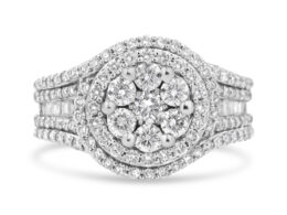 14K White Gold 1 1/2 Cttw Diamond Floral Cluster and Studded Shank Halo Ring (H-I Color, SI2-I1 Clarity) - Ring Size 7