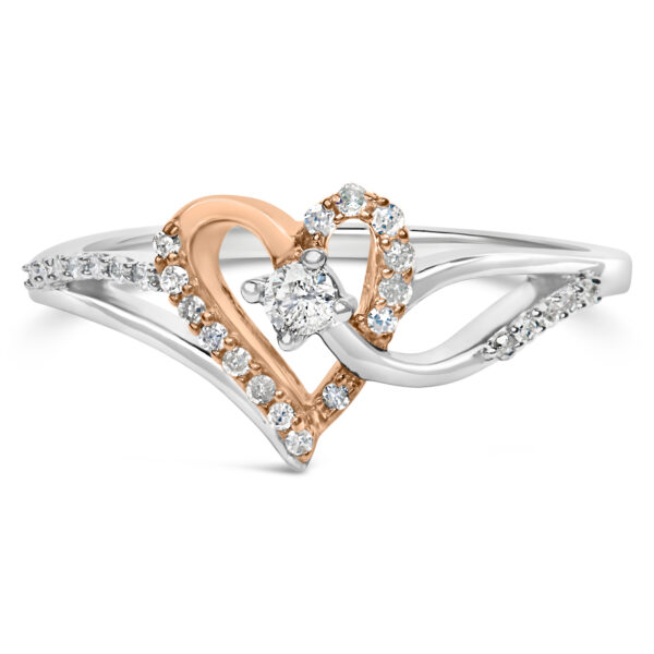 10K Rose Gold Plated .925 Sterling Silver 1/5 Cttw Diamond Two Tone Open Heart Promise or Fashion Ring (I-J Color, I2-I3 Clarity) - Size 7