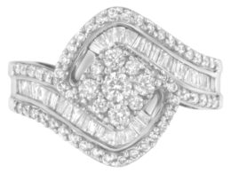 14K White Gold 1.0 Cttw Baguette & Brilliant-Cut Diamond Round Floral Cluster Engagement or Fashion Ring with Swirl Wrapped Triple Row Band (H-I Color, SI2-I1 Clarity) - Size 6-3/4