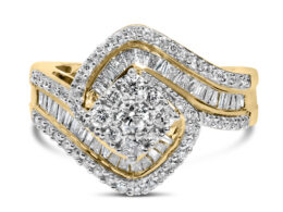 14K Yellow Gold 1.0 Cttw Baguette & Brilliant-Cut Diamond Round Floral Cluster Engagement or Fashion Ring with Swirl Wrapped Triple Row Band (H-I Color, SI2-I1 Clarity) - Size 6-3/4