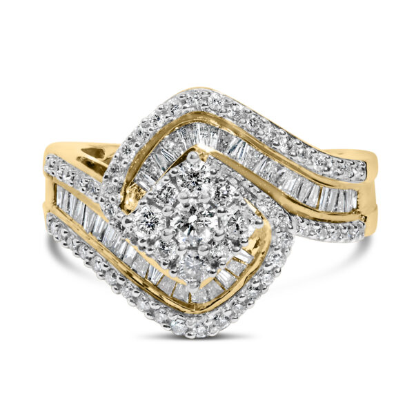 14K Yellow Gold 1.0 Cttw Baguette & Brilliant-Cut Diamond Round Floral Cluster Engagement or Fashion Ring with Swirl Wrapped Triple Row Band (H-I Color, SI2-I1 Clarity) - Size 7