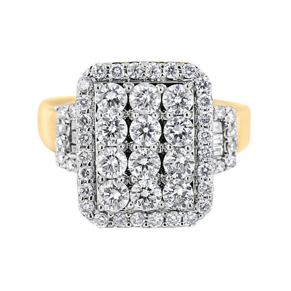 14K Yellow Gold 2 1/4 Cttw Round and Baguette-Cut Diamond Emerald Shape with Halo Cocktail Ring (H-I Color, SI1-SI2 Clarity) - Ring Size 7