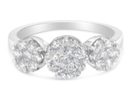14K White Gold 1-1/4 Cttw Brilliant Cut Diamond Three Round Floral Clusters Engagement or Fashion Ring (H-I Color, SI2-I1 Clarity) - Size 6