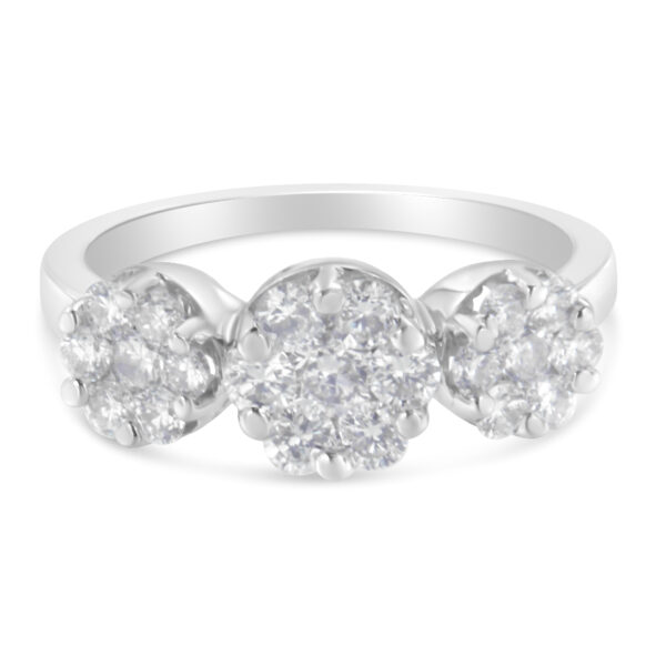 14K White Gold 1-1/4 Cttw Brilliant Cut Diamond Three Round Floral Clusters Engagement or Fashion Ring (H-I Color, SI2-I1 Clarity) - Size 6-1/4