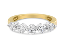 14K White and Yellow Gold 1 1/2 Cttw 2 Prong Cup Set Round-Cut Diamond 5 Stone Ring Band (H-I Color, SI2-I1 Clarity) - Ring Size 7