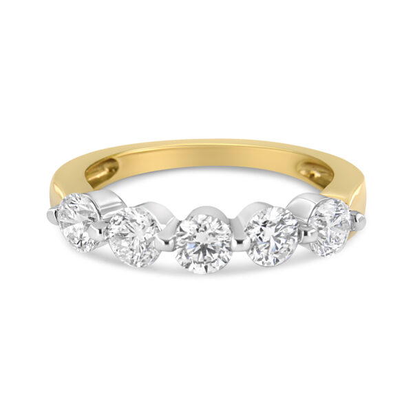 14K White and Yellow Gold 1 1/2 Cttw 2 Prong Cup Set Round-Cut Diamond 5 Stone Ring Band (H-I Color, SI2-I1 Clarity) - Ring Size 7