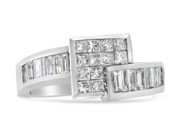 14K White Gold 1 1/2 Cttw Invisible-Set Princess and Channel-Set Baguette Diamond Geometric Bypass Ring Band (G-H Color, SI2-I1 Clarity) - Ring Size 7