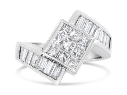 14K White Gold 2 1/5 Cttw Invisible-Set Princess and Channel-Set Baguette Diamond Bypass Kite-Set Ring (G-H Color, VS2-SI1 Clarity) - Size 6.5