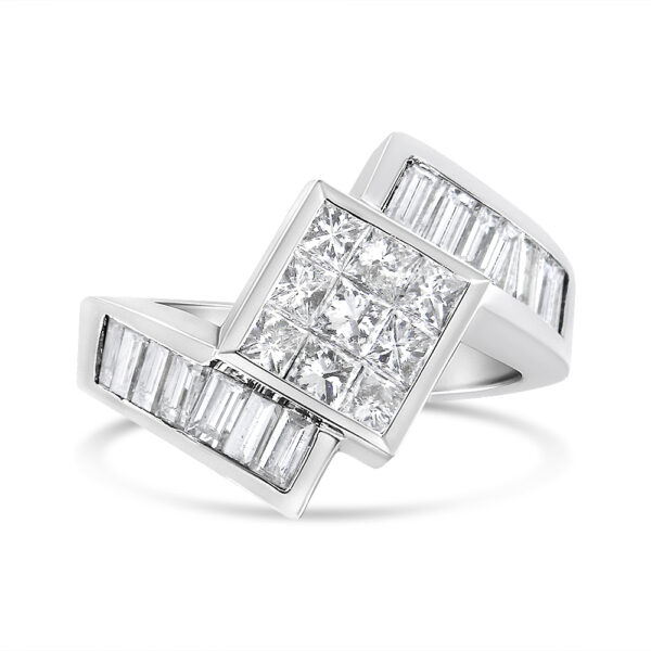 14K White Gold 2 1/5 Cttw Invisible-Set Princess and Channel-Set Baguette Diamond Bypass Kite-Set Ring (G-H Color, VS2-SI1 Clarity) - Size 6.5