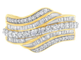 10K Yellow Gold 1.0 Cttw Baguette and Round Diamond Multi-Row Wave Bypass Ring ( Color, Clarity) - Size 9