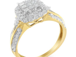 10K Yellow Gold 1.0 Cttw Brilliant-Cut Diamond Cluster Cushion-Shape Halo Triple-Band-Look Engagement Ring (H-I Color, SI1-SI2 Clarity) (7.5)