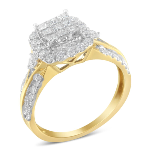 10K Yellow Gold 1.0 Cttw Diamond Composite Cushion-Shape Halo 3-Band-Look Engagement Ring (H-I Color, SI1-SI2 Clarity) - Size 7