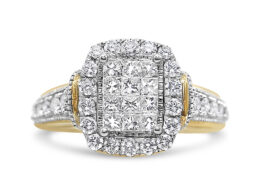 14K Yellow and White Gold 1.00 Cttw Princess and Round Cut Emerald Shaped Halo Diamond Cluster Ring (SI1-SI2 Clarity, H-I Color) - Size 6