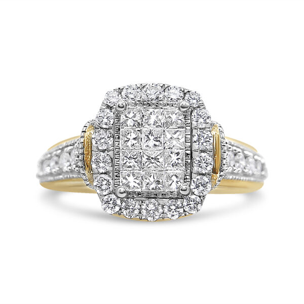 14K Yellow and White Gold 1.00 Cttw Princess and Round Cut Emerald Shaped Halo Diamond Cluster Ring (SI1-SI2 Clarity, H-I Color) - Size 9