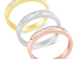 10K Yellow, White and Rose Gold over .925 Sterling Silver 5/8 Cttw Diamond Channel-Set Stackable Band Ring Set (H-I Color, I1-I2 Clarity) - Size 6 3/4
