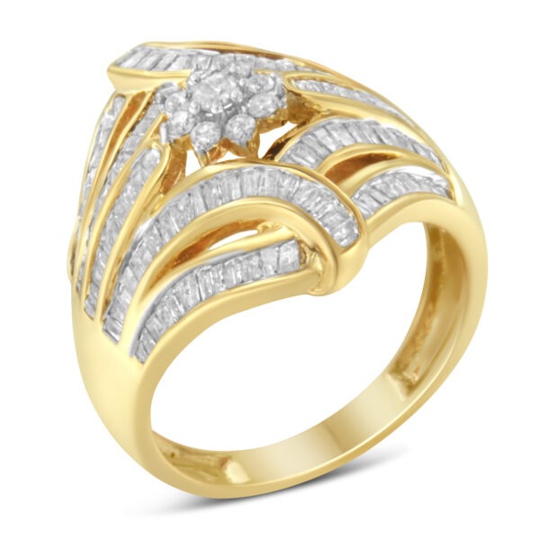 10K Yellow Gold Flashed .925 Sterling Silver 1-1/8 Cttw Round & Baguette Diamond 'Flower & Fern' Cluster Cocktail Fashion Ring (I-J Color, I2-I3 Clarity) - Size 7-1/2