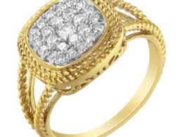 10K Yellow Gold Plated .925 Sterling Silver 1/2 Cttw Diamond Square Cushion Cluster Split Shank Cocktail Ring (J-K Color, I2-I3 Clarity) - Size 6