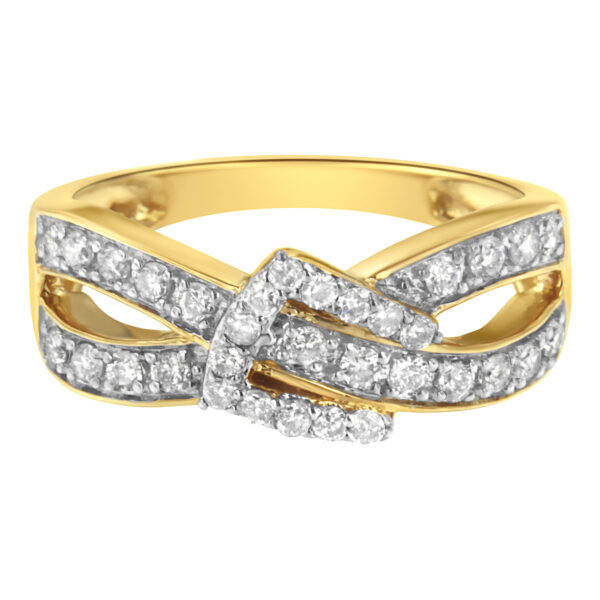 10K Yellow Gold Plated .925 Sterling Silver 1/2 cttw Round-Cut Diamond "Belt Buckle" Crossover Ring (J-K Color, I2-I3 Clarity) - Size 7