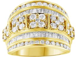 10K Yellow Gold over .925 Sterling Silver 2.0 Cttw Round & Baguette Cut Diamond Multi-Row Channel Set Tapered Cocktail Fashion Ring (I-J Color, I3 Clarity) - Size 6