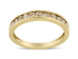 14K Yellow Gold Plated .925 Sterling Silver 1/2 Cttw Channel Set Round Champagne Diamond 11 Stone Band Ring (K-L Color, I1-I2 Clarity) - Size 10