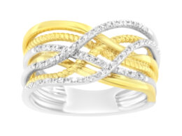 10K Yellow Gold Plated .925 Sterling Silver 1/10 Cttw Diamond Multi Row Crossover Ring Band (I-J Color, I1-I2 Clarity) - Size 6