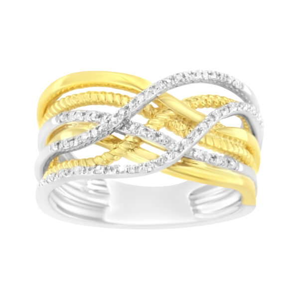 10K Yellow Gold Plated .925 Sterling Silver 1/10 Cttw Diamond Multi Row Crossover Ring Band (I-J Color, I1-I2 Clarity) - Size 9