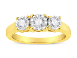 14K Yellow Gold Plated .925 Sterling Silver 1/2 Cttw Diamond Three Stone Illusion Plate Ring (J-K Color, I1-I2 Clarity) - Size 6