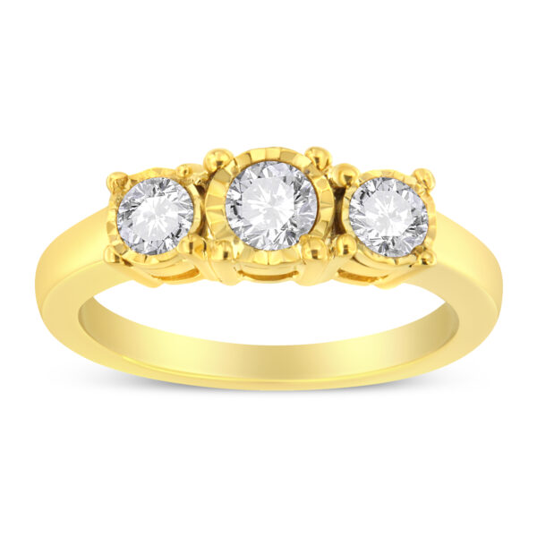 14K Yellow Gold Plated .925 Sterling Silver 3/4 Cttw Diamond Three Stone Illusion Plate Ring (J-K color, I1-I2 clarity) - Size 7