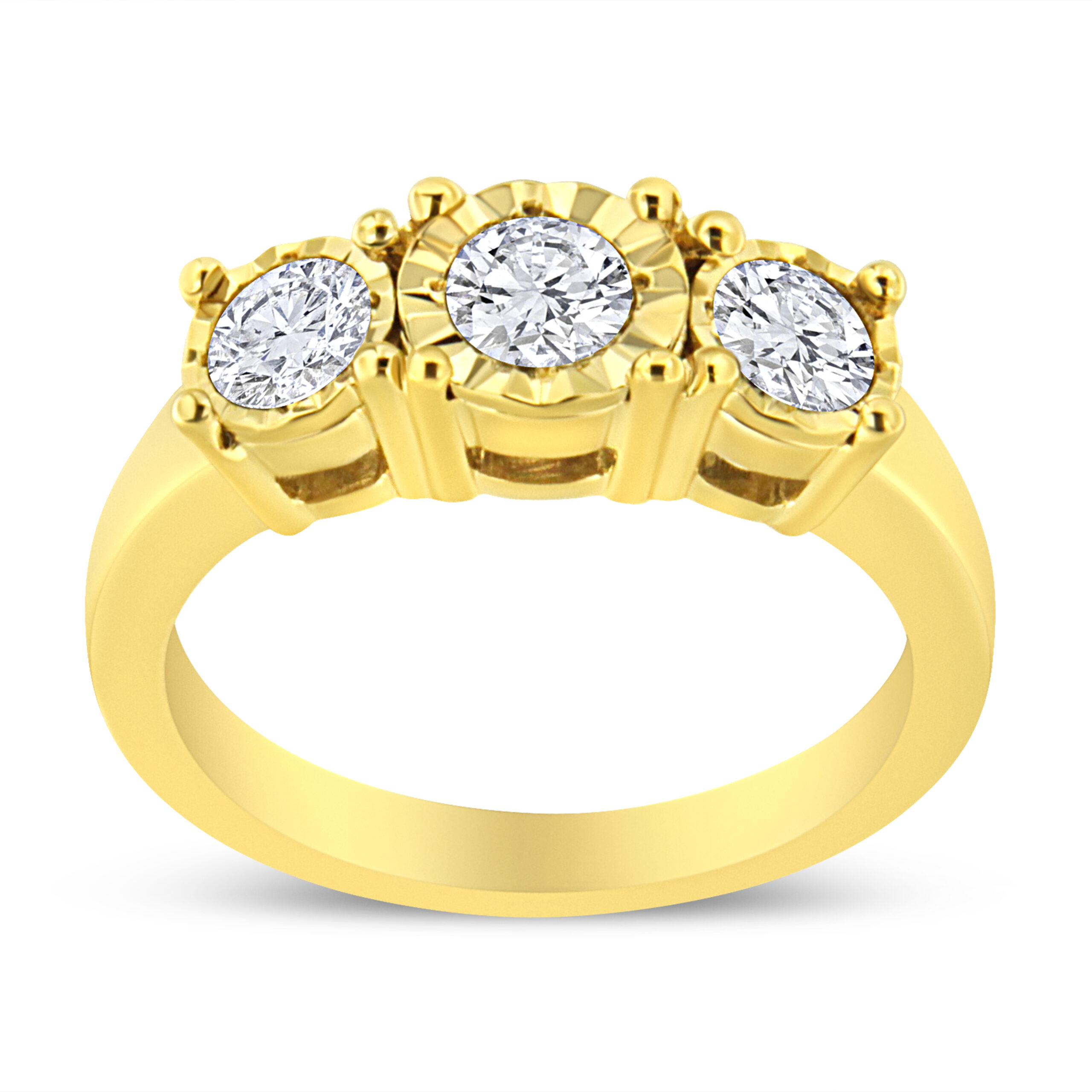 14K Yellow Gold Plated .925 Sterling Silver 1.00 Cttw Miracle-Set Round Diamond Three Stone Engagement Ring (K-L Color, I1-I2 Clarity) - Size 6