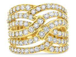10K Yellow Gold 3.00 Cttw Diamond Multi Row Bypass Wave Cocktail Band Ring (J-K Color, I1-I2 Clarity) - Ring Size 6