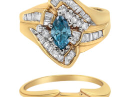 14K Yellow and White Gold 1 1/4 Cttw Treated Blue Diamond Cocktail Ring Set (H-I Color, SI1-SI2 Clarity) - Size 7