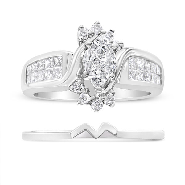 14K White Gold 1 1/2 Cttw Composite Diamond Marquise Shape Solitaire Diamond Engagement Ring Set for Women (H-I Color, SI1-SI2 Clarity) - Ring Size 7