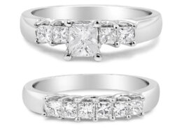 14K White Gold 1 1/2 Cttw 5 Stone Princess Diamond Engagement Wedding Ring Set (H-I Color, SI2-I1 Clarity) - Ring Size 7