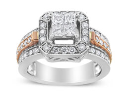 14K White and Rose Gold 1 1/8 Cttw Princess and Round-Cut Diamond Art Deco Style Triple Shank Halo Cocktail Ring (I-J Color, SI2-I1 Clarity) - Size 4.5"