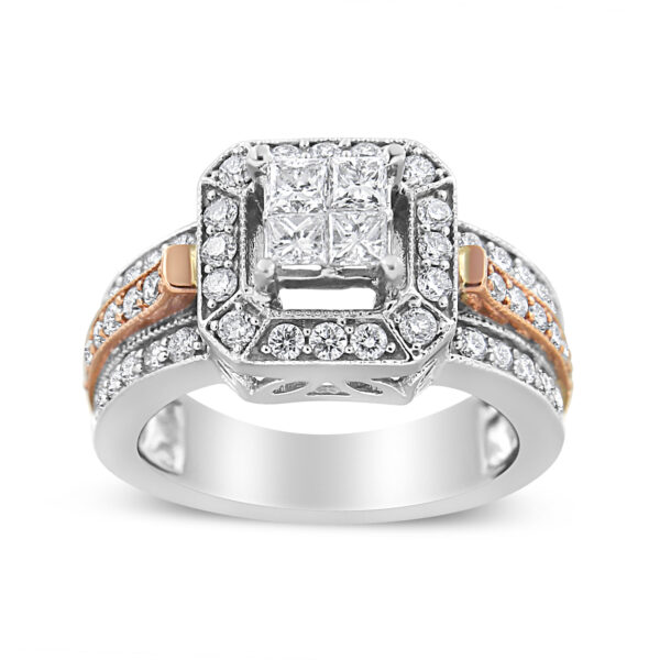 14K White and Rose Gold 1 1/8 Cttw Princess and Round-Cut Diamond Art Deco Style Triple Shank Halo Cocktail Ring (I-J Color, SI2-I1 Clarity) - Size 7