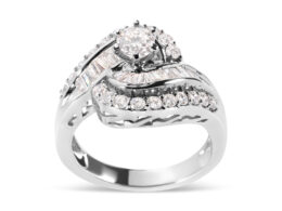 14K White Gold 1.00 Cttw Round and Baguette cut Diamond Swirl Cocktail Ring (H-I Color, SI2-I1 Clarity) - Ring Size 7