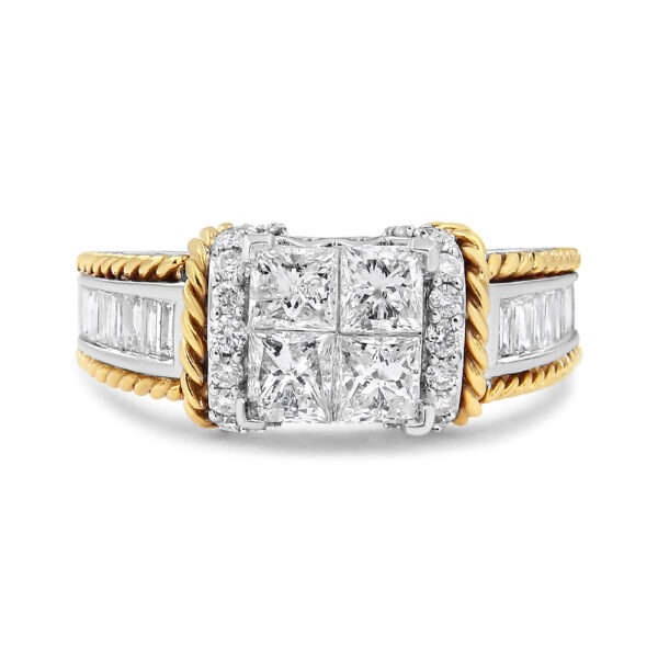 14K White and Yellow Gold 1 1/2 Cttw Invisible Set Princess-Cut Diamond Quad Style Engagement Ring (H-I Color, SI2-I1 Clarity) - Ring Size 7