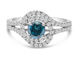 14K White Gold 1-1/3 Cttw White & Blue Diamond Interweaving Double Halo Cocktail Statement Ring (G-H and Fancy Blue Color, SI2-I1 Clarity) - Size 7-1/4